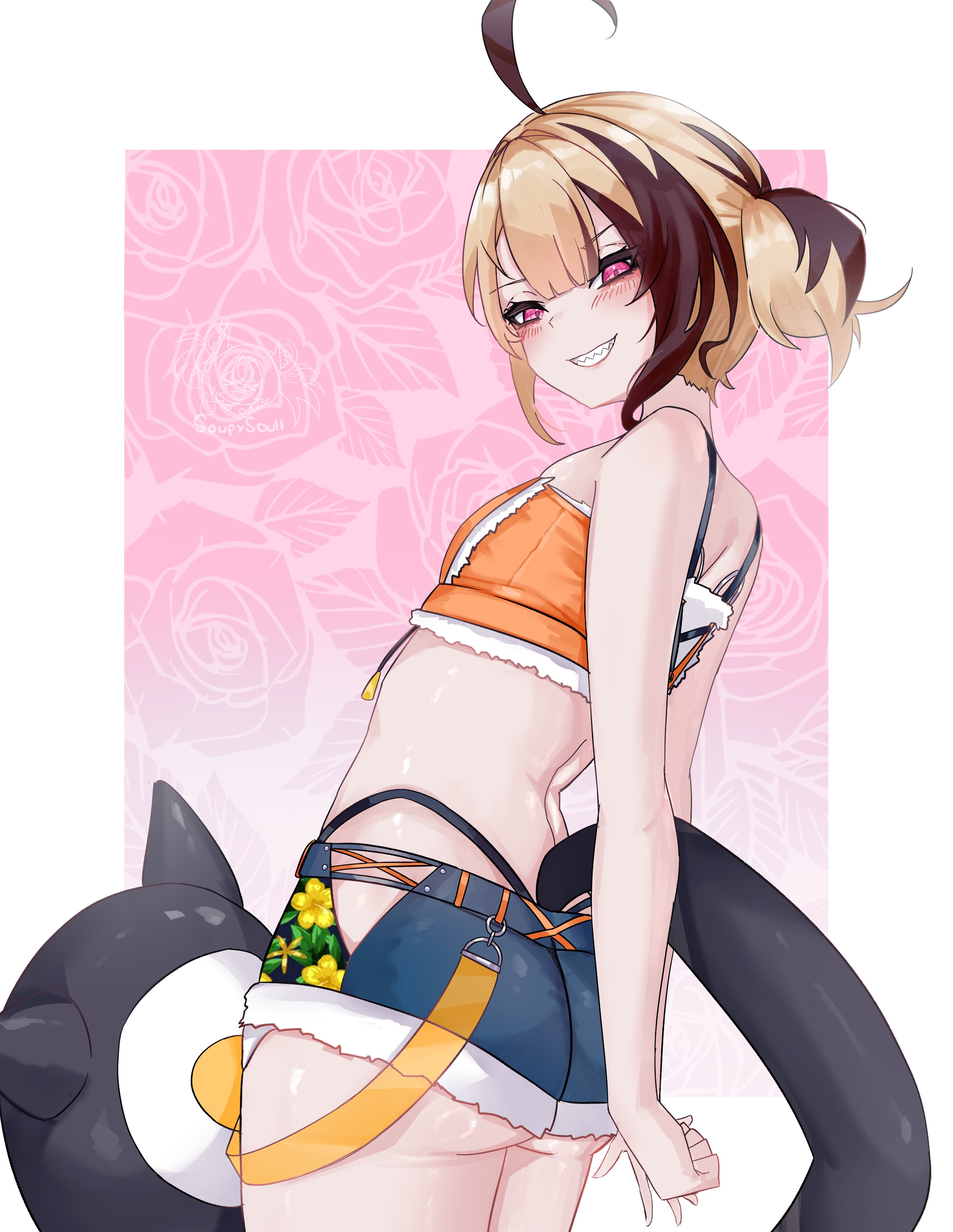 soup (soupysoull), gigi murin, gigi murin (holonatsu paradise), hololive, hololive english, absurdres, highres, 1girl, ahoge, arms behind back, ass, bikini, blonde hair, blue shorts, brown hair, denim, denim shorts, micro shorts, multicolored hair, orange bikini, pink eyes, sharp teeth, shorts, solo, swimsuit, tail, teeth, two-tone hair, virtual youtuber