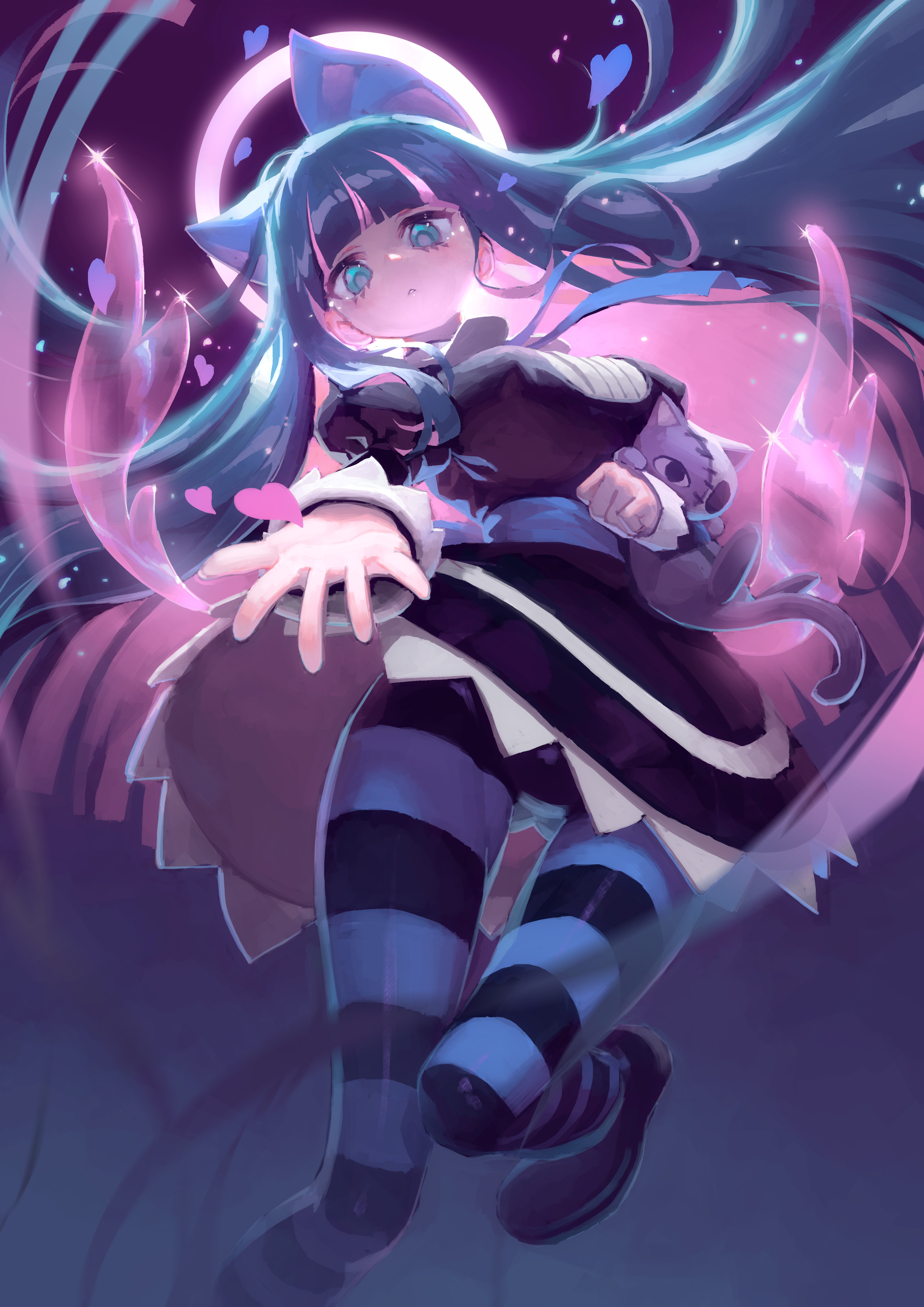 stocking (psg), panty & stocking with garterbelt, absurdres, chinese commentary, commentary request, highres, 1girl, :c, aqua eyes, black dress, black pantyhose, blue bow, blue hair, blue pantyhose, bow, breasts, bright pupils, clenched hand, crotch, crying, crying with eyes open, dress, eclipse, flying teardrops, from below, glint, gluteal fold, heart, leg up, long hair, lunar eclipse, medium breasts, multicolored hair, night, pantyhose, pink hair, qijinsong, reaching, reaching towards viewer, solo, stuffed animal, stuffed cat, stuffed toy, tears, transparent wings, two-tone hair, two-tone pantyhose, white pupils, white trim