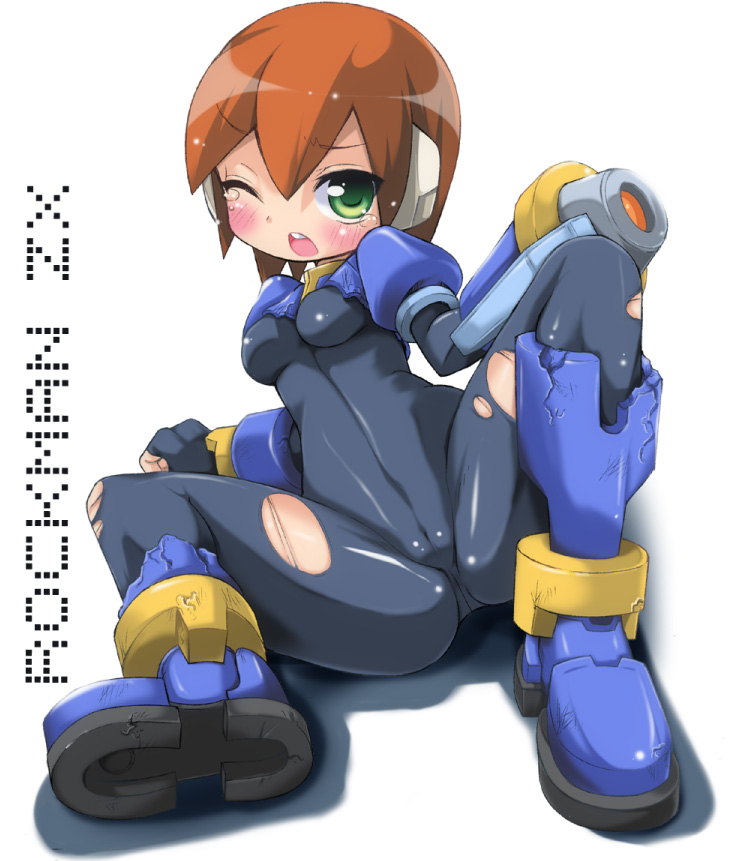 aida takanobu, aile (mega man zx), capcom, mega man (series), mega man zx, 1girl, blush, brown hair, cameltoe, female focus, green eyes, hair between eyes, jacket, open mouth, short hair, simple background, solo, split mouth, spread legs, tears, torn clothes, torn jacket, white background