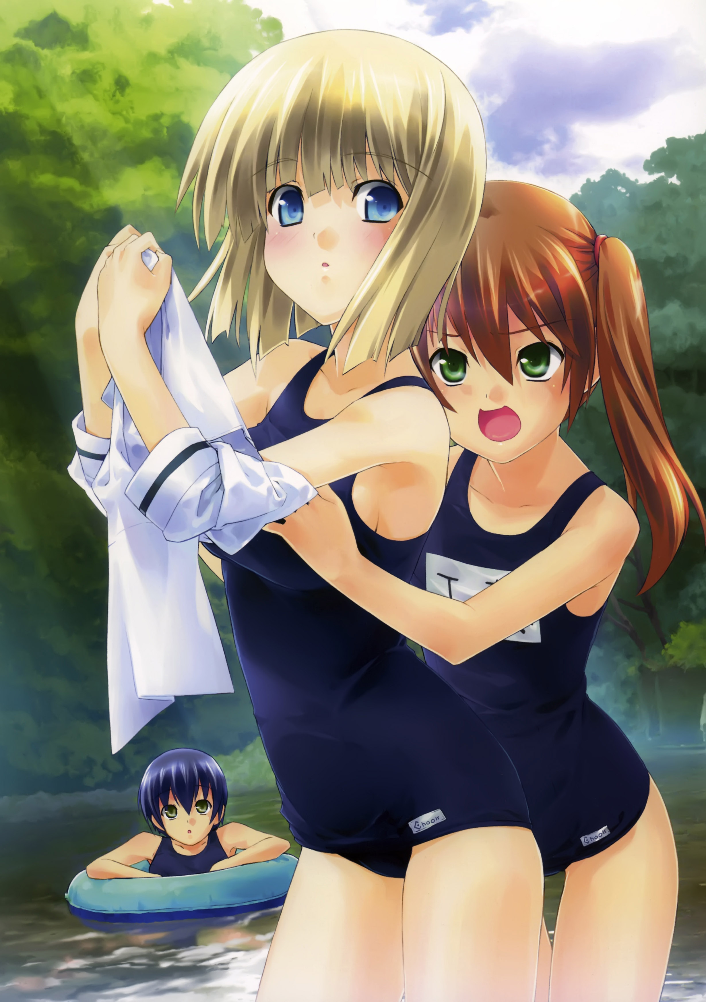 minamino kanata, absurdres, highres, 2girls, black one-piece swimsuit, blonde hair, blue eyes, blush, breasts, grabbing another's breast, green eyes, groping, hug, innertube, medium breasts, multiple girls, name tag, one-piece swimsuit, school swimsuit, short hair, small breasts, surprised, swim ring, swimsuit, twintails, undressing, water