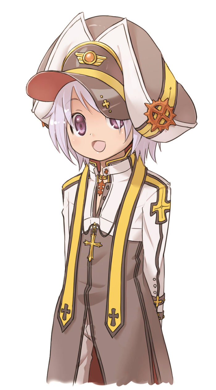 susukinohukurou, arch bishop (ragnarok online), ragnarok online, commentary request, highres, 1boy, arms behind back, brown coat, brown hat, choker, coat, cowboy shot, cropped jacket, cross, cross choker, cross of prontera, grey hair, hat, jacket, long sleeves, looking at viewer, male focus, newsboy cap, open mouth, oversized hat, purple eyes, short hair, simple background, smile, solo, white background, white jacket