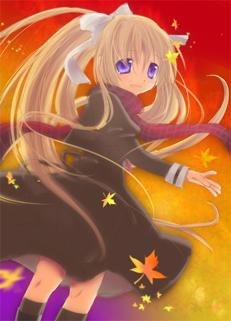 kayune niu, kamio misuzu, air (visual novel), 00s, 1girl, black socks, blonde hair, dutch angle, female focus, from behind, kneehighs, long hair, long sleeves, looking at viewer, orange sky, purple eyes, red scarf, scarf, sky, socks, solo, standing, sunset, very long hair
