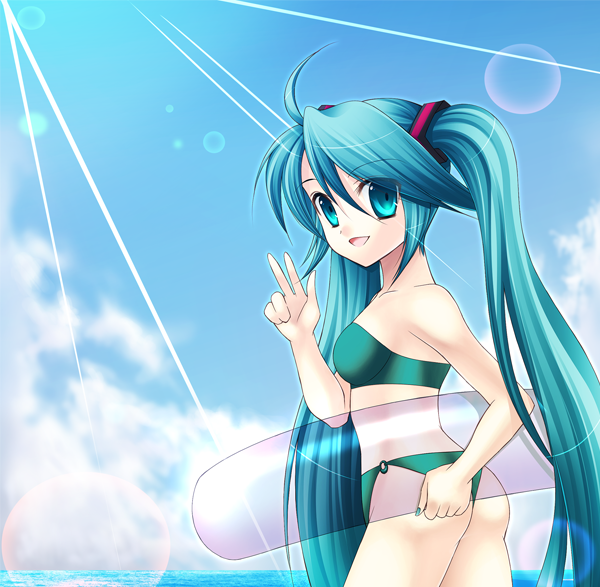eko, hatsune miku, vocaloid, bikini, blue eyes, blue hair, day, green bikini, innertube, long hair, solo, swim ring, swimsuit, twintails, very long hair