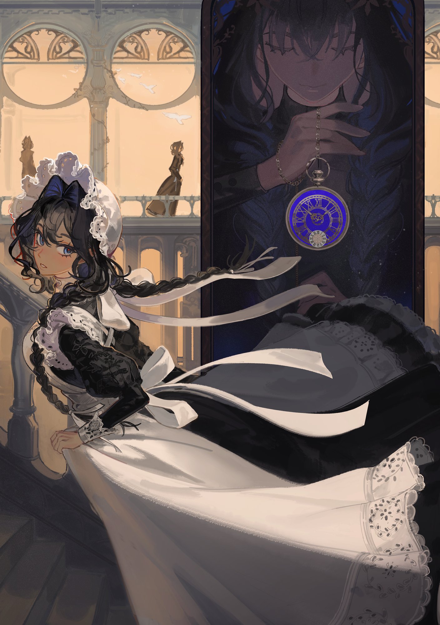 eus ing, ouro kronii, ouro kronii (maid), hololive, hololive english, commentary, hashtag-only commentary, highres, 1girl, apron, black dress, black hair, blue eyes, blue hair, braid, colored inner hair, dress, embroidery, frilled apron, frilled hat, frills, hair intakes, hat, indoors, juliet sleeves, long dress, long hair, long sleeves, low twin braids, maid, maid apron, mob cap, multicolored hair, official alternate costume, official alternate hairstyle, parted lips, puffy sleeves, puritan collar, twin braids, victorian maid, virtual youtuber, white apron, white hat