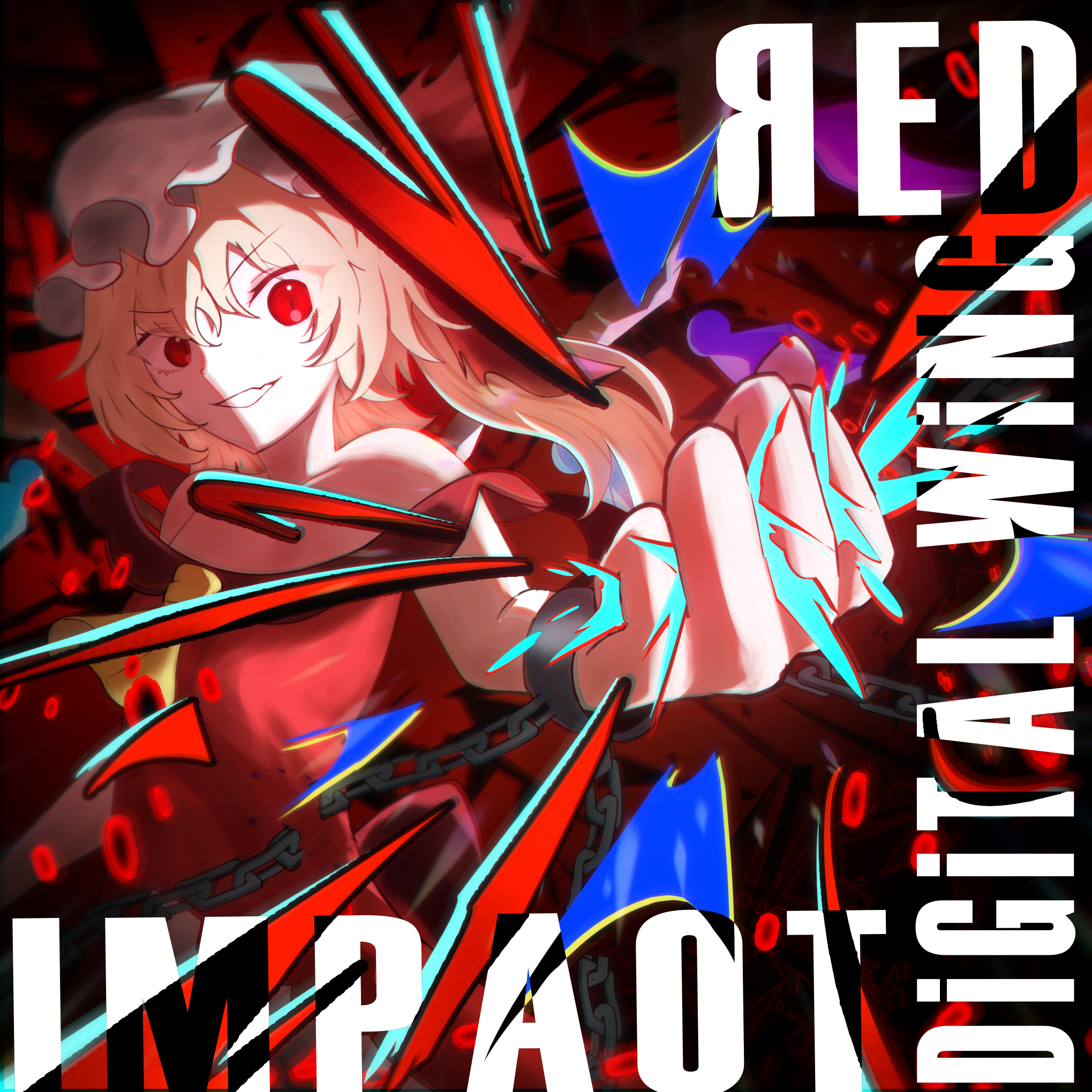 flandre scarlet, touhou, touhou gensou eclipse, highres, 1girl, alternate costume, ascot, blonde hair, chain, crystal, english text, glowing, hat, hat ribbon, laevatein (touhou), looking at viewer, metal wrist cuffs, mob cap, puffy short sleeves, puffy sleeves, red eyes, ribbon, short hair, short sleeves, side ponytail, smile, solo, tachyon663504, upper body, wings, yellow ascot
