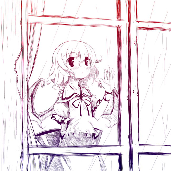 takahero, remilia scarlet, touhou, 1girl, female focus, hand on window, looking outside, monochrome, no headwear, rain, solo, window, wings