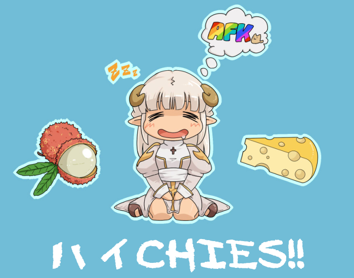susukinohukurou, high priest (ragnarok online), ragnarok online, commentary request, 1girl, = =, afk, alternate color, blue background, brown horns, cheese, closed eyes, cross, cross necklace, curled horns, dress, drooling, food, full body, grey dress, horns, jewelry, juliet sleeves, long hair, long sleeves, lychee, necklace, open mouth, pointy ears, puffy sleeves, sash, sitting, sleeping, sleeping upright, sliced cheese, smile, solo, swiss cheese, two-tone dress, wariza, white dress, white sash, zzz