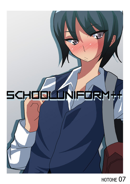 fk696, original, 1girl, bag, blush, border, female focus, green eyes, green hair, grey background, handbag, looking at viewer, looking back, matching hair/eyes, nose blush, over shoulder, school bag, school uniform, serafuku, short hair, simple background, solo, text focus