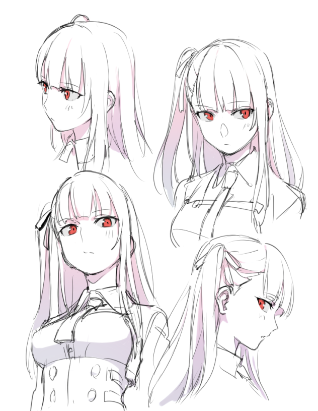 kinosuke (sositeimanoga), wa2000 (girls' frontline), girls' frontline, blush, bow, breasts, buttons, hair bow, long hair, necktie, purple hair, red eyes, side ponytail, upper body, white background