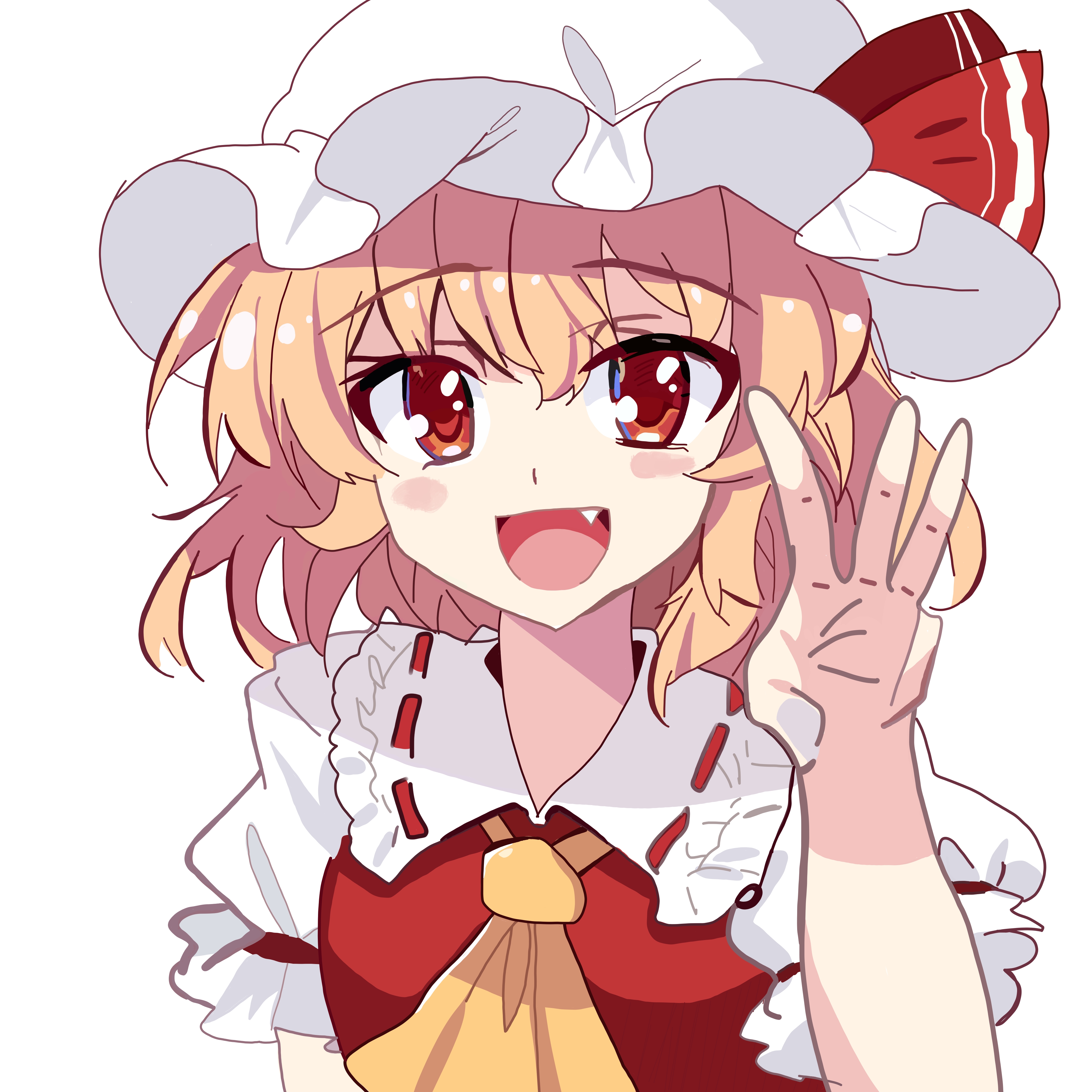 flandre scarlet, embodiment of scarlet devil, touhou, absurdres, highres, 1girl, ascot, blonde hair, fang, frilled shirt collar, frills, hand up, hat, hat ribbon, looking at viewer, mob cap, open mouth, puffy short sleeves, puffy sleeves, red eyes, red ribbon, red vest, ribbon, shirt, short hair, short sleeves, simple background, smile, solo, strawroom6276, upper body, vest, white background, yellow ascot
