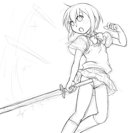 caryo, takeda yukimura, kawazoe tamaki, bamboo blade, 00s, 1girl, female focus, greyscale, monochrome, panties, school uniform, serafuku, shinai, short hair, sketch, solo, sweater vest, sword, underwear, vest, weapon