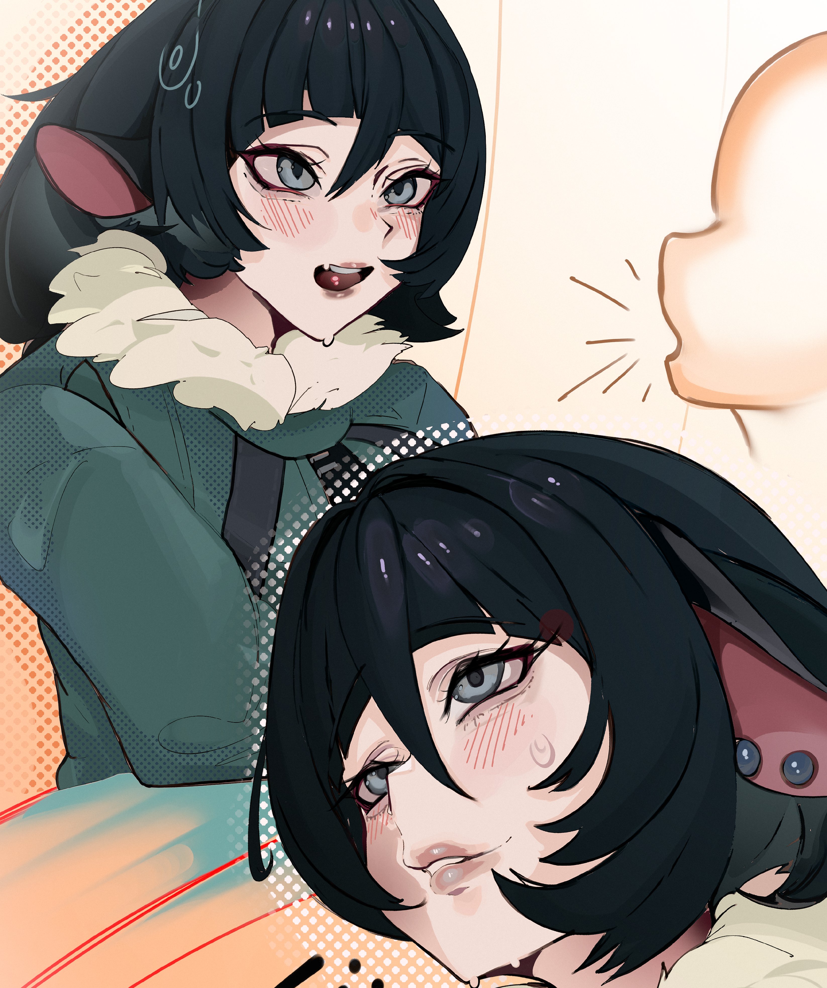 kaiser (kaiserofart), jane doe (zenless zone zero), zenless zone zero, absurdres, highres, 1girl, animal ear piercing, animal ears, arched bangs, black hair, blush, fur-trimmed jacket, fur trim, green jacket, grey eyes, jacket, mouse ears, mouse girl, multiple views, open mouth, parted lips, red lips, smile, solo focus, sweatdrop