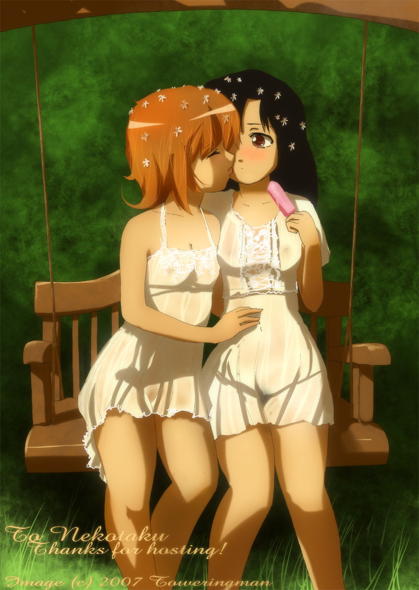 toweringman, highres, 2girls, artist name, black hair, blush, closed eyes, female focus, female pubic hair, flower, food, kiss, lace, lingerie, multiple girls, nightgown, nipples, no bra, no panties, popsicle, pubic hair, red hair, see-through clothes, sitting, underwear, yuri