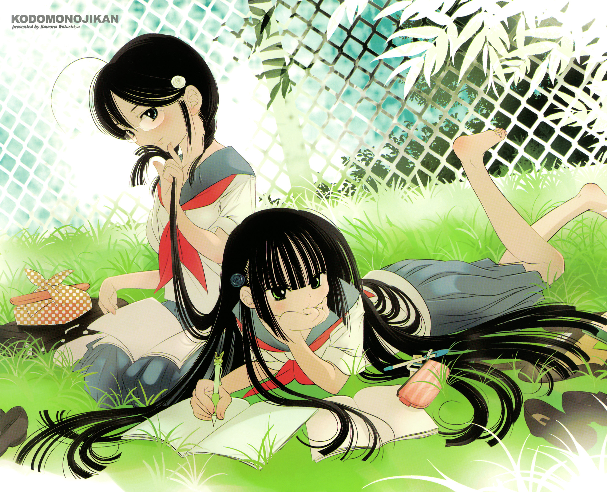 watashiya kaworu, kagami kuro, shirai sae, kodomo no jikan, highres, official art, 00s, 2girls, aged down, barefoot, black hair, child, feet, hair ornament, hairclip, long hair, multiple girls, school uniform, serafuku, shoes, time paradox, toes, unworn shoes