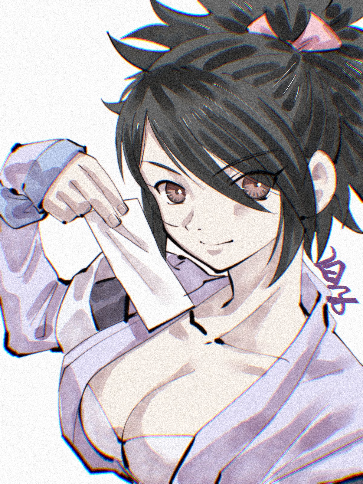 shirako (kirupi), fujibayashi sheena, tales of (series), tales of symphonia, highres, 1girl, black hair, breasts, brown eyes, cleavage, closed mouth, japanese clothes, large breasts, long hair, looking at viewer, ponytail, simple background, smile, solo, white background