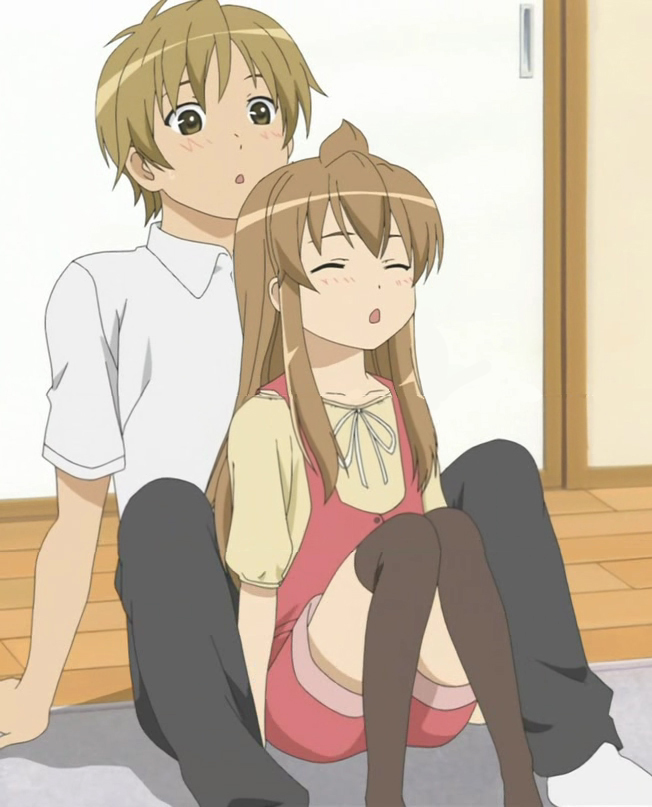 fujioka (minami-ke), minami chiaki, minami-ke, anime screenshot, stitched, third-party edit, 00s, 1boy, 1girl, ahoge, blush, brown hair, closed eyes, indoors, lap, long hair, open mouth, sitting, sitting on lap, sitting on person, thighhighs