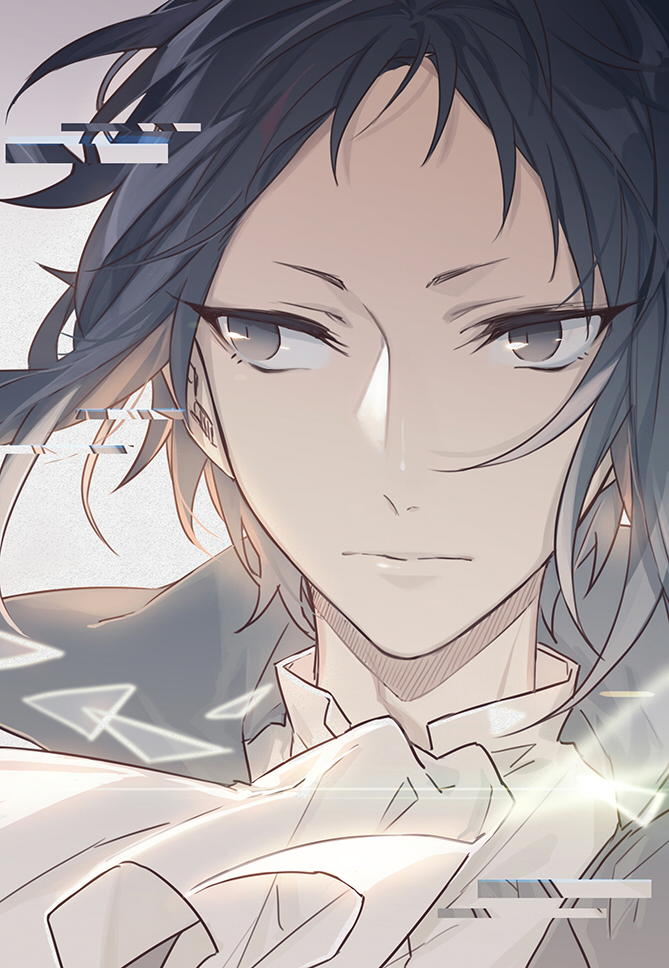 orz1016, akutagawa ryuunosuke (bungou stray dogs), bungou stray dogs, 1boy, ascot, black hair, coat, glitch, gradient background, gradient hair, grey coat, grey eyes, grey hair, looking to the side, male focus, multicolored hair, portrait, shirt, short hair, solo, white ascot, white shirt