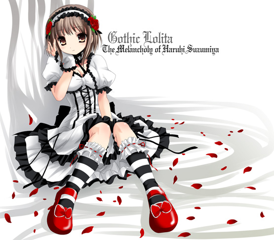 namamo nanase, suzumiya haruhi, suzumiya haruhi no yuuutsu, striped legwear, 00s, 1girl, brown eyes, brown hair, dress, female focus, frilled thigh strap, frills, goth fashion, hairband, lolita fashion, lolita hairband, looking at viewer, puffy short sleeves, puffy sleeves, short sleeves, simple background, sitting, socks, solo, striped clothes, striped socks, thigh strap, white background, white dress