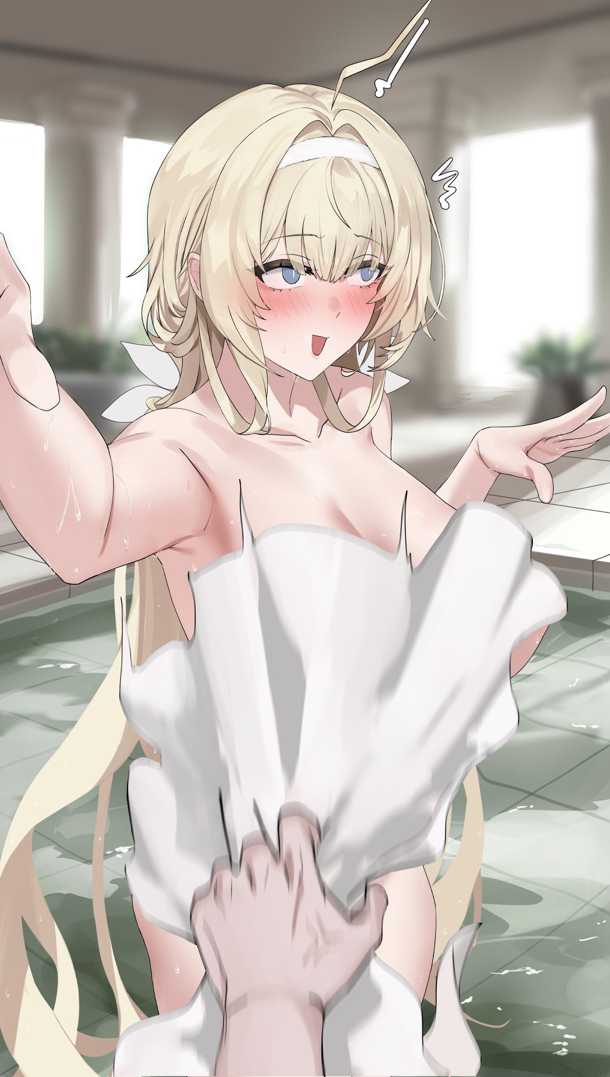 blazingchaos, massena (azur lane), azur lane, highres, 1girl, ahoge, anger vein, blonde hair, blue eyes, blurry, blurry background, blush, breasts, bright pupils, expressive hair, hairband, impossible towel, large breasts, long hair, looking to the side, naked towel, onsen, open mouth, surprised, towel, water drop, wet, white hairband