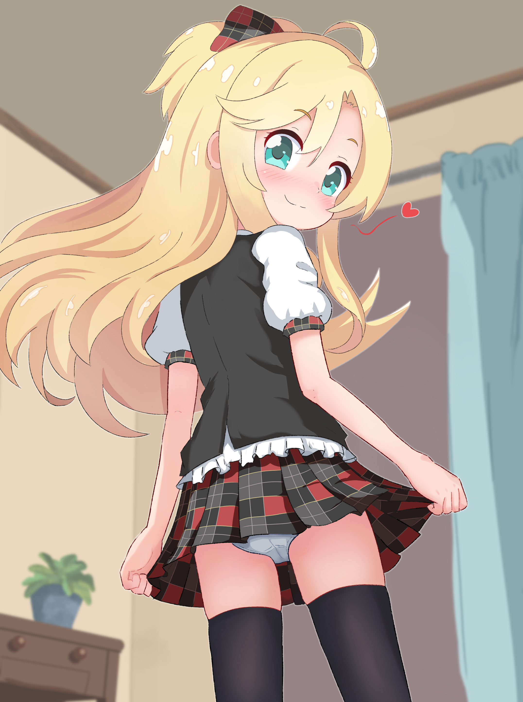 kommandoh, himesaka noa, watashi ni tenshi ga maiorita!, absurdres, highres, 1girl, :3, ahoge, ass, black thighhighs, black vest, blonde hair, blush, bow, closed mouth, cowboy shot, curtains, desk, flower pot, from behind, green eyes, hair bow, heart, indoors, long hair, looking at viewer, looking back, panties, pantyshot, plaid bow, plaid clothes, plaid skirt, pleated skirt, shirt, short sleeves, skirt, skirt hold, smile, solo, standing, thighhighs, underwear, vest, white panties, white shirt, window