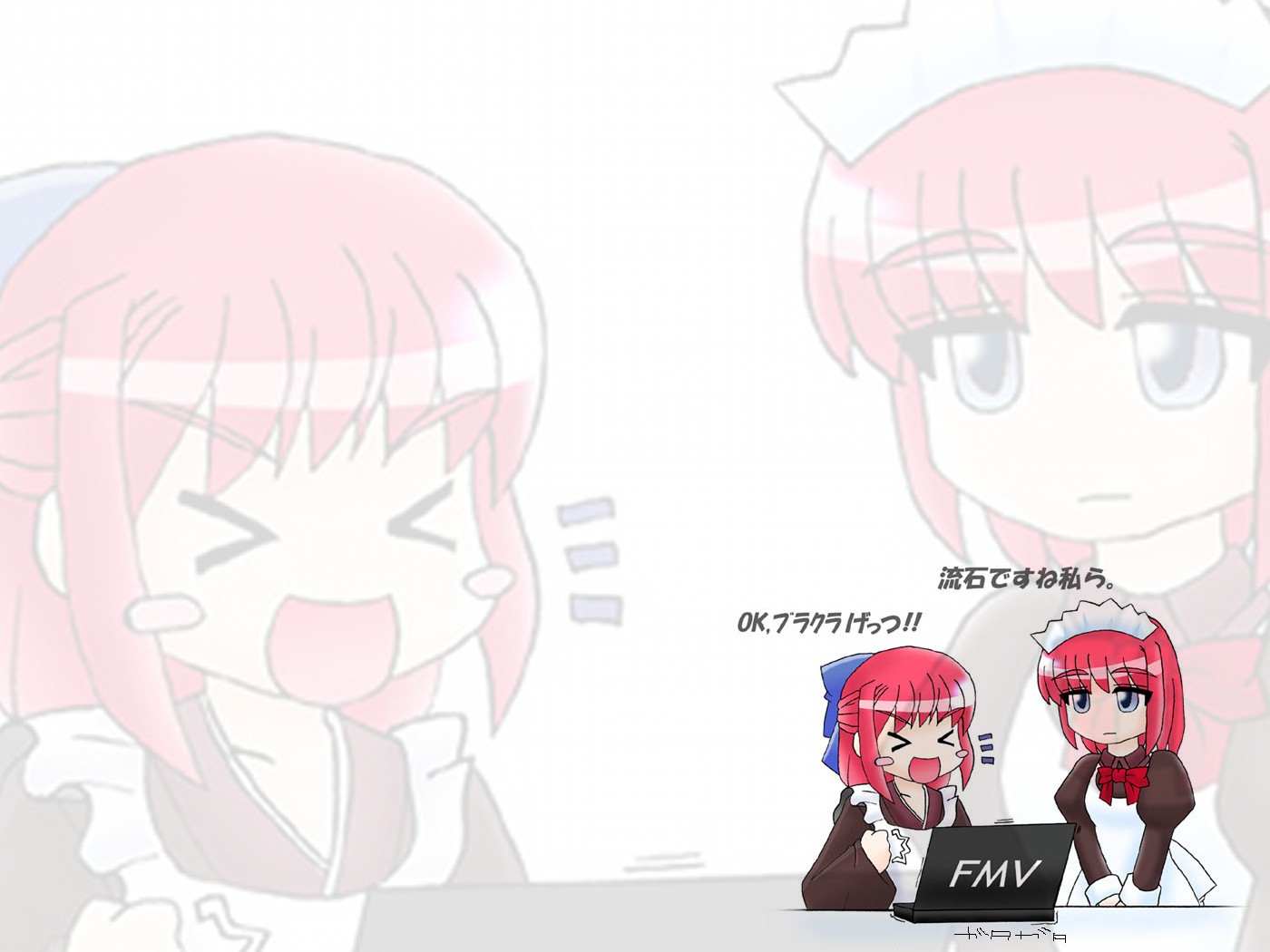 hisui (tsukihime), kohaku (tsukihime), tsukihime, > <, 00s, 2girls, ^^^, closed eyes, jitome, multiple girls, red hair, short hair, shouting, siblings, simple background, sisters, sitting, table, talking, twins, upper body, white background, wince, zoom layer