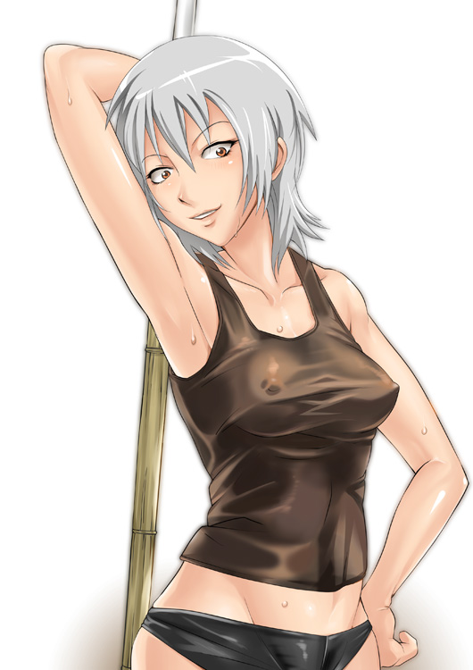 baanin, yokoo maya, bamboo blade, 00s, armpits, covered erect nipples, shinai, solo, sweat, sword, tank top, weapon