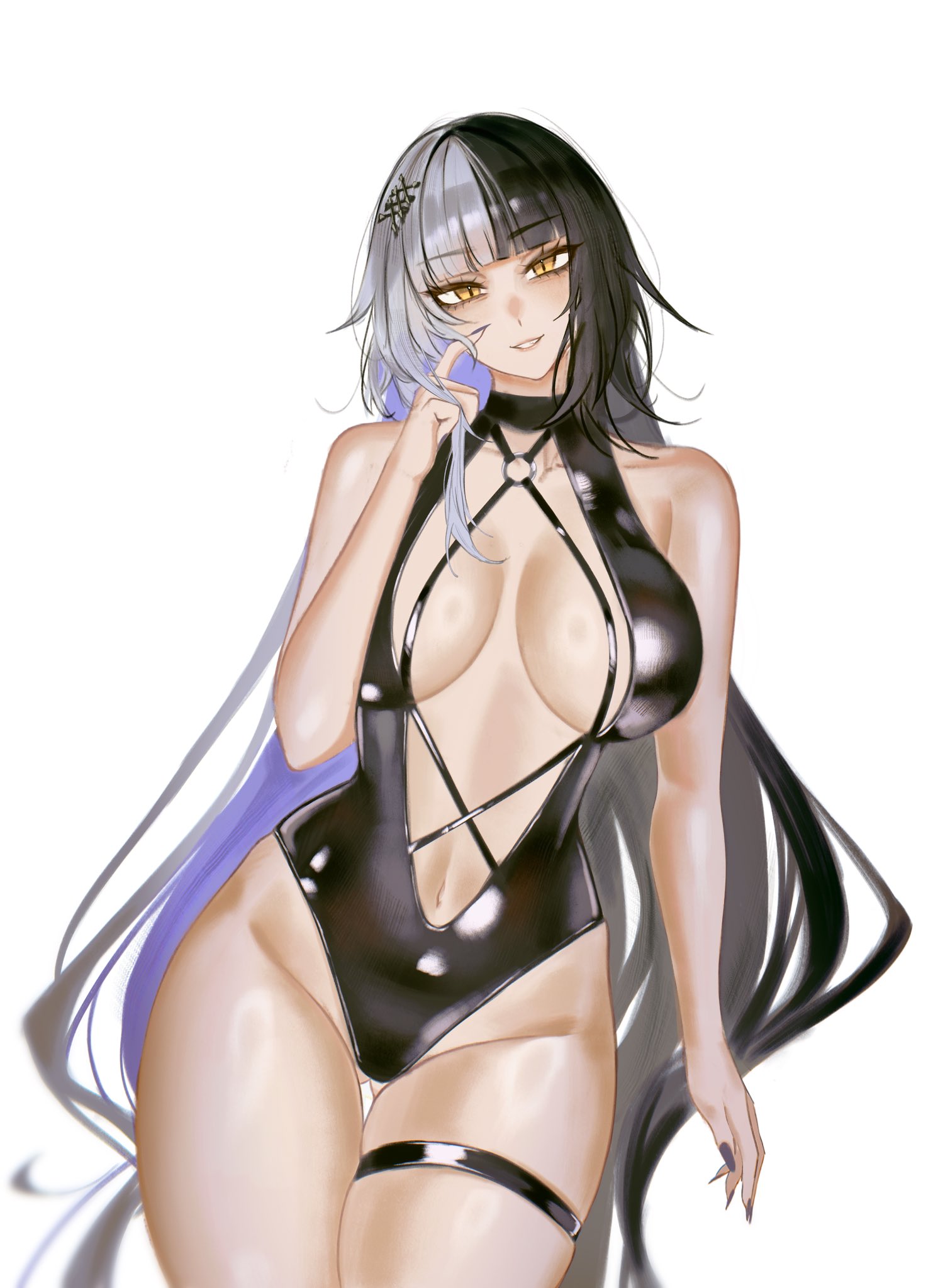 s7nsles, shiori novella, hololive, hololive english, commentary, english commentary, highres, 1girl, black hair, black one-piece swimsuit, blue hair, breasts, colored inner hair, grey hair, highleg, highleg one-piece swimsuit, huge breasts, long hair, looking at viewer, multicolored hair, navel, one-piece swimsuit, simple background, split-color hair, swimsuit, thigh strap, very long hair, virtual youtuber, white background, yellow eyes