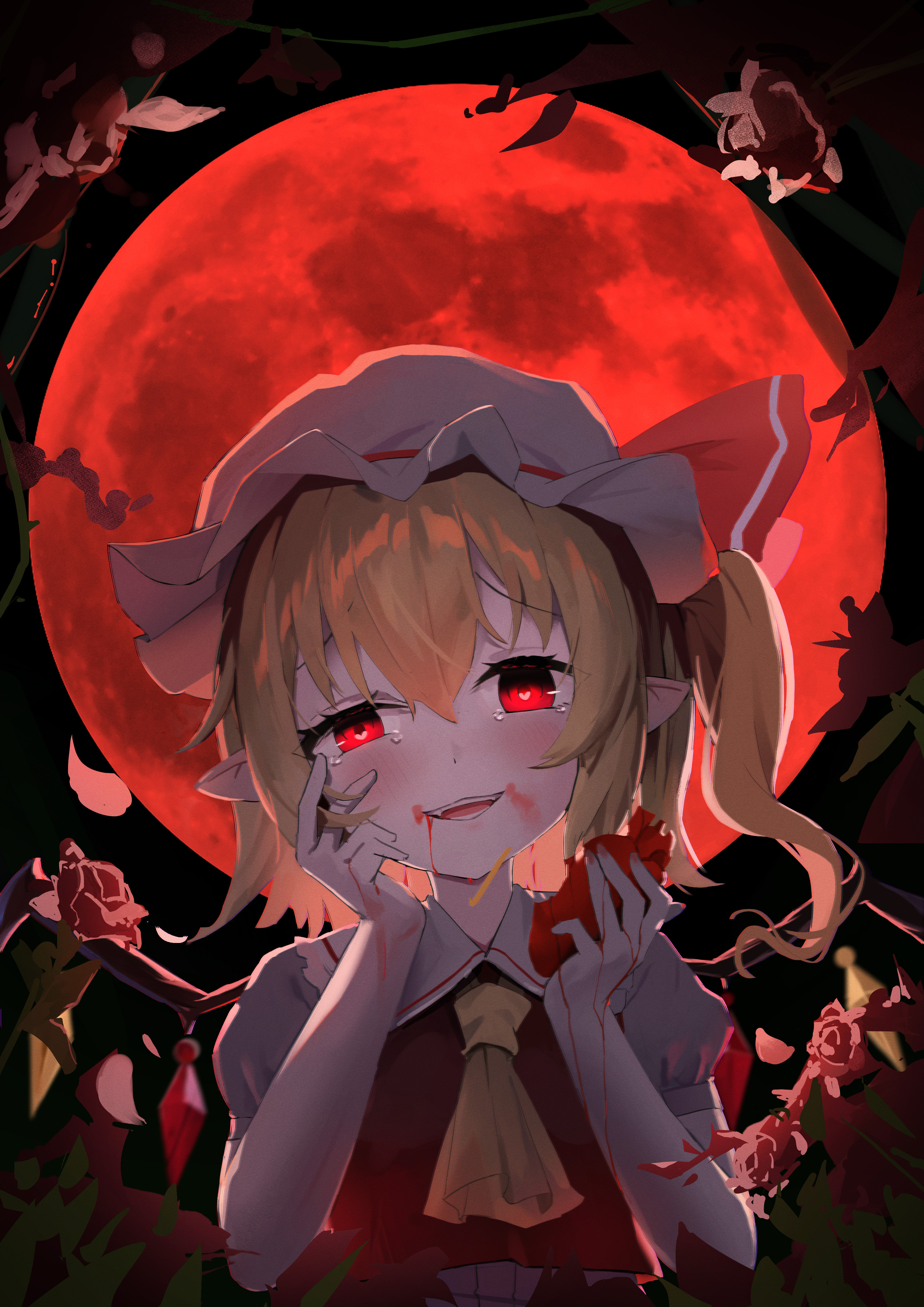 fengxue, flandre scarlet, touhou, absurdres, highres, 1girl, ascot, blonde hair, blood, blood on arm, blood on face, blood on hands, crystal, crystal wings, fang, full moon, hair between eyes, hat, hat ribbon, heart (organ), looking at viewer, mob cap, moon, open mouth, red eyes, red moon, red vest, ribbon, shirt, side ponytail, smile, solo, upper body, vest, wings, yellow ascot