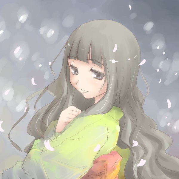 rackane, itoshiki rin, sayonara zetsubou sensei, 00s, 1girl, blunt bangs, brown eyes, brown hair, female focus, from behind, hands on own chest, japanese clothes, kimono, long sleeves, looking at viewer, looking back, petals, solo, wavy hair