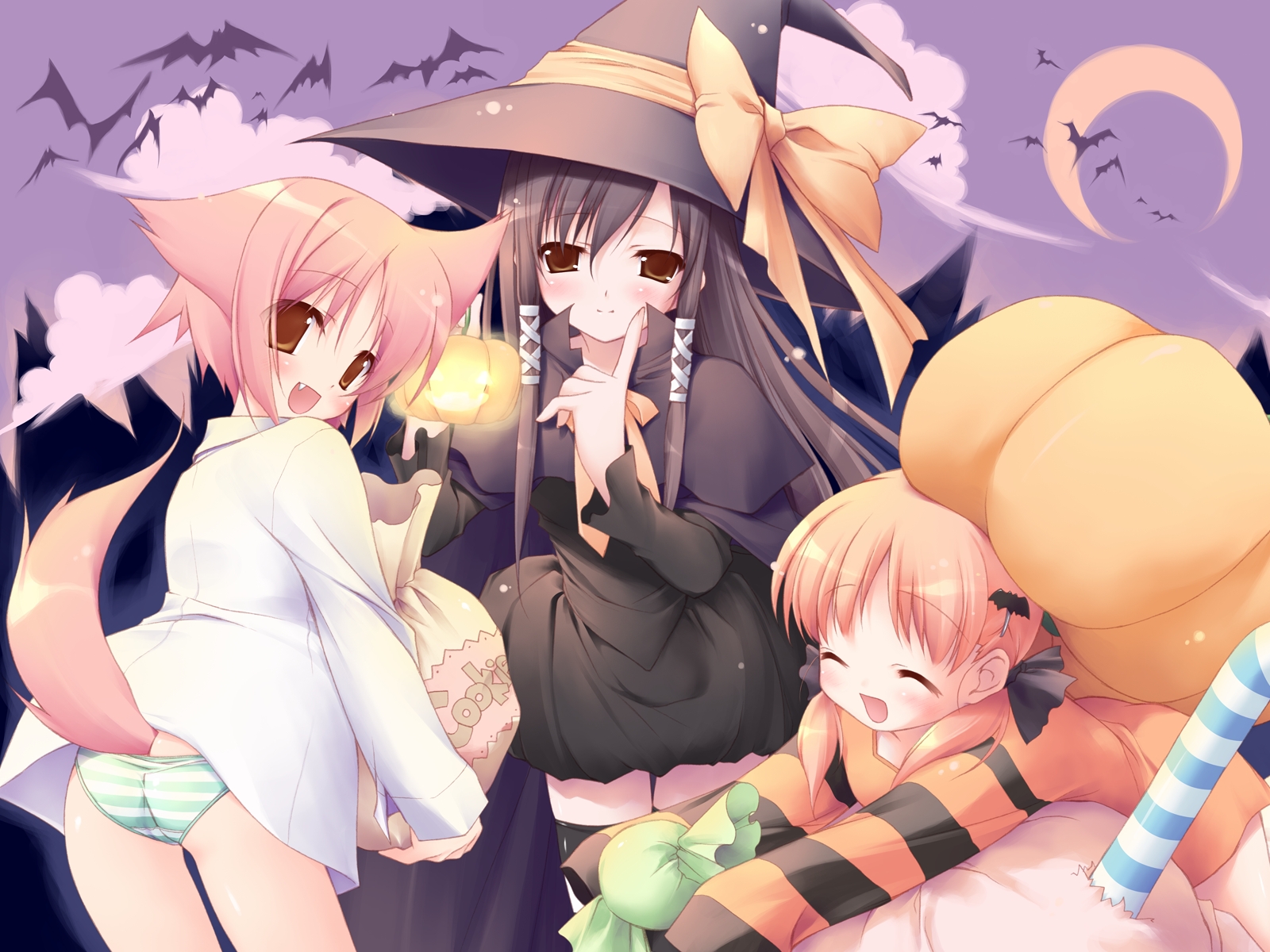 eretto, akino momiji, kiriyama sakura, sera karen, sakura musubi, highres, 3girls, animal ears, candy, clothing cutout, food, halloween, moon, multiple girls, panties, striped clothes, striped panties, tail, tail through clothes, underwear, witch