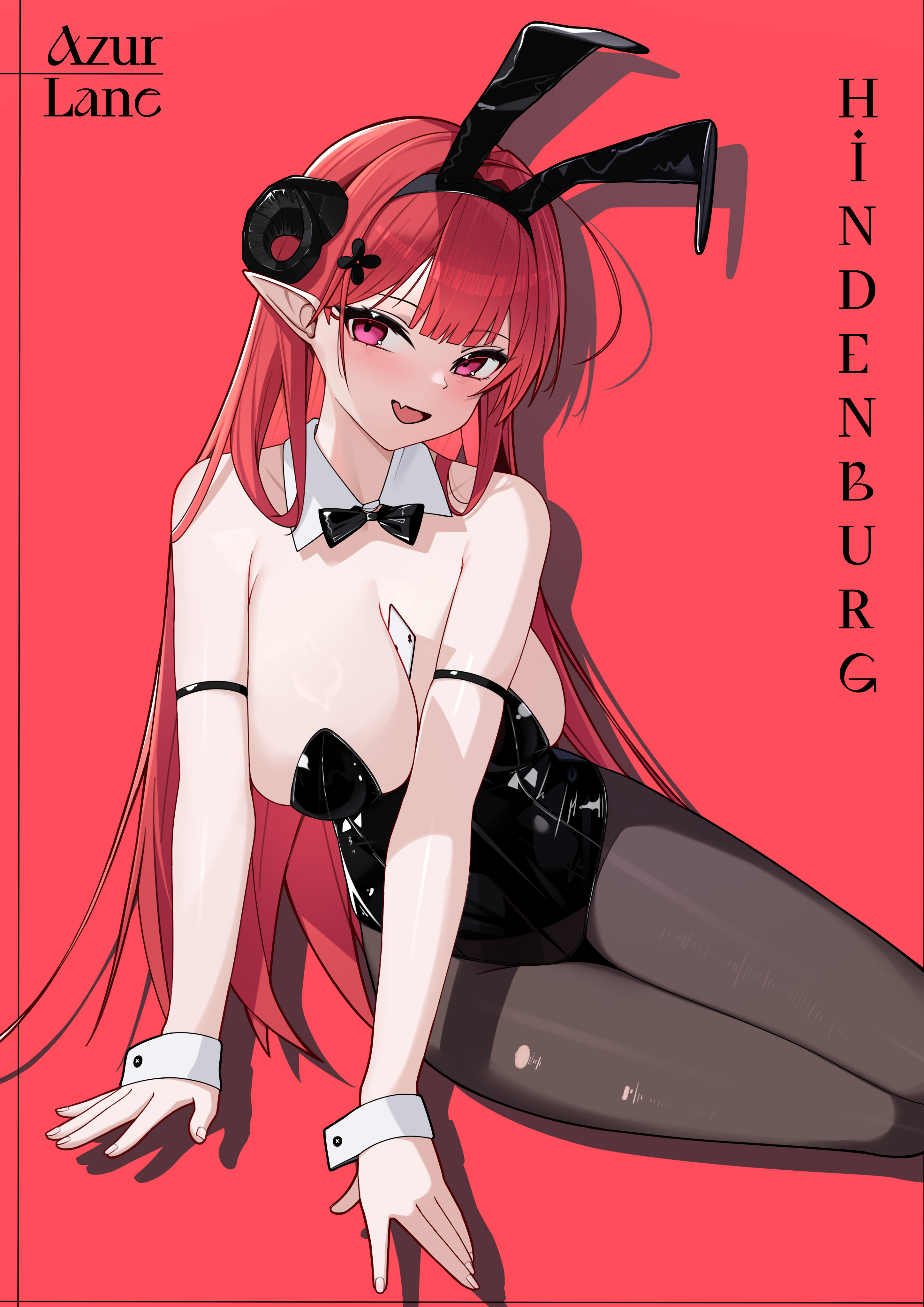 xin sanmu, hindenburg (azur lane), hindenburg (delirious duel) (azur lane), azur lane, absurdres, chinese commentary, commentary request, highres, 1girl, ahoge, animal ear hairband, animal ears, arm strap, arm support, bare shoulders, between breasts, black bow, black bowtie, black horns, black leotard, black pantyhose, bow, bowtie, breasts, card, card between breasts, character name, cleavage, collar, collarbone, curled horns, demon girl, demon horns, detached collar, english text, fake animal ears, fang, fingernails, forward-facing horns, hair ornament, hairband, horns, large breasts, leotard, long hair, open mouth, pantyhose, pink eyes, playboy bunny, pointy ears, rabbit ear hairband, rabbit ears, red background, red hair, shadow, sitting, skin fang, smile, solo, torn clothes, torn pantyhose, undersized breast cup, white collar, wrist cuffs