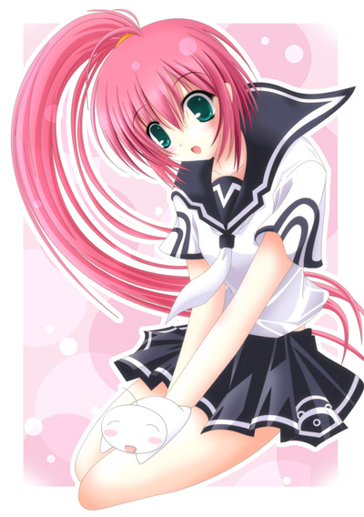 hana, hana (pangya), pangya, 1girl, :o, black skirt, blush, cowboy shot, creature, female focus, green eyes, long hair, pink background, ponytail, red hair, school uniform, serafuku, shirt, skirt, solo, white shirt