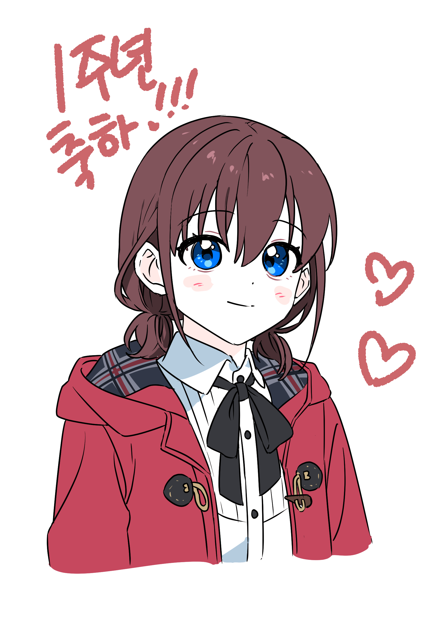 habsida (habsida hpy), iseri nina, girls band cry, absurdres, commentary request, highres, translation request, 1girl, black ribbon, blue eyes, closed mouth, collared shirt, heart, jacket, neck ribbon, red hair, red jacket, ribbon, shirt, short twintails, simple background, smile, solo, twintails, upper body, white background, white shirt