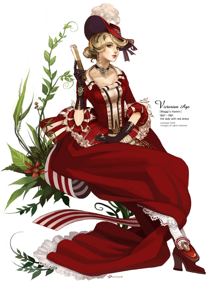 maggi, original, 1girl, blonde hair, costume, dress, female focus, folded fan, folding fan, gloves, hand fan, hat, high heels, simple background, solo, victorian
