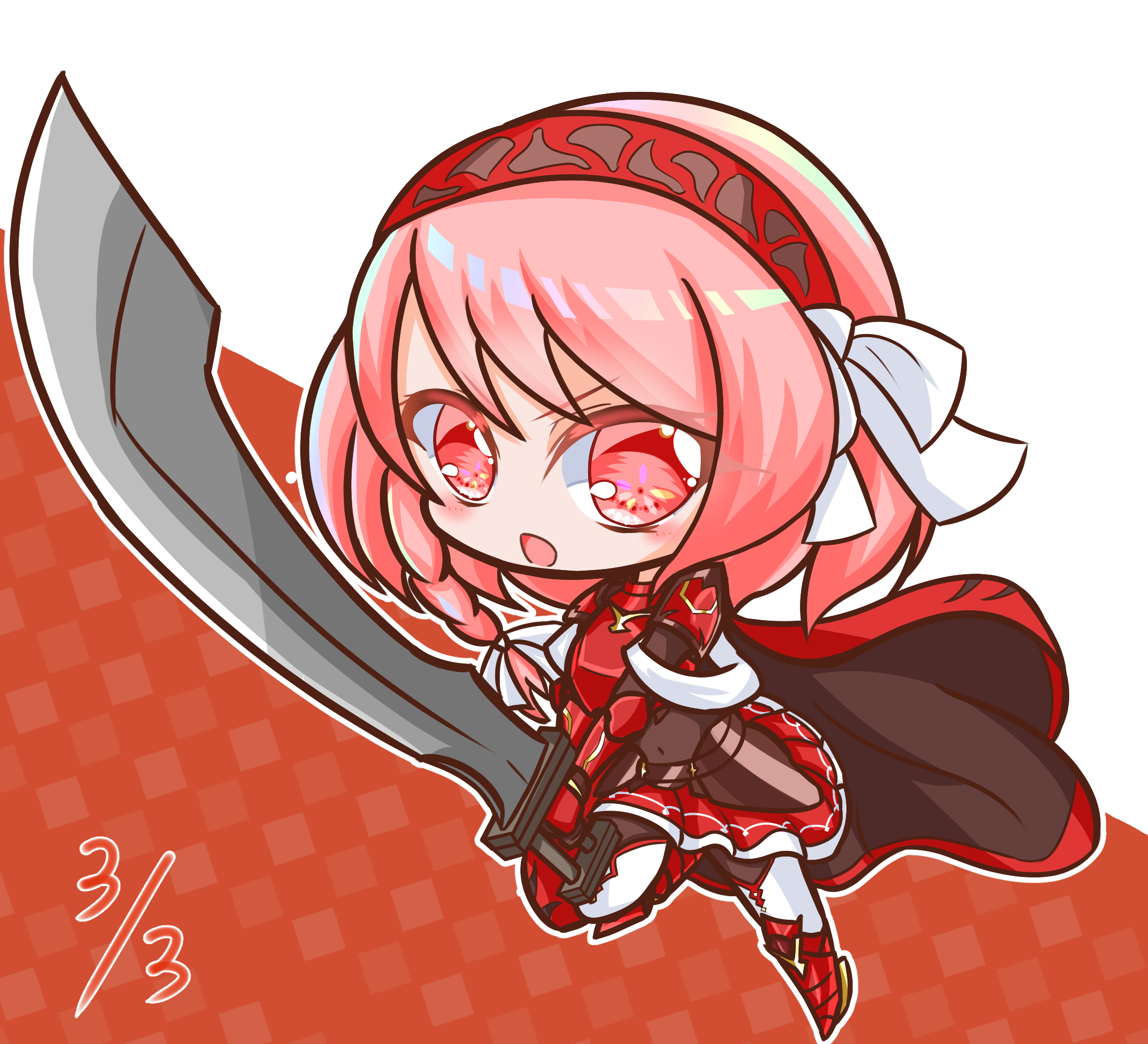 griffonmask11, lapis (fire emblem), fire emblem, fire emblem engage, nintendo, highres, 1girl, armor, cape, chibi, hairband, holding, holding sword, holding weapon, long hair, pink eyes, pink hair, red armor, red cape, red skirt, skirt, sword, two-tone background, weapon