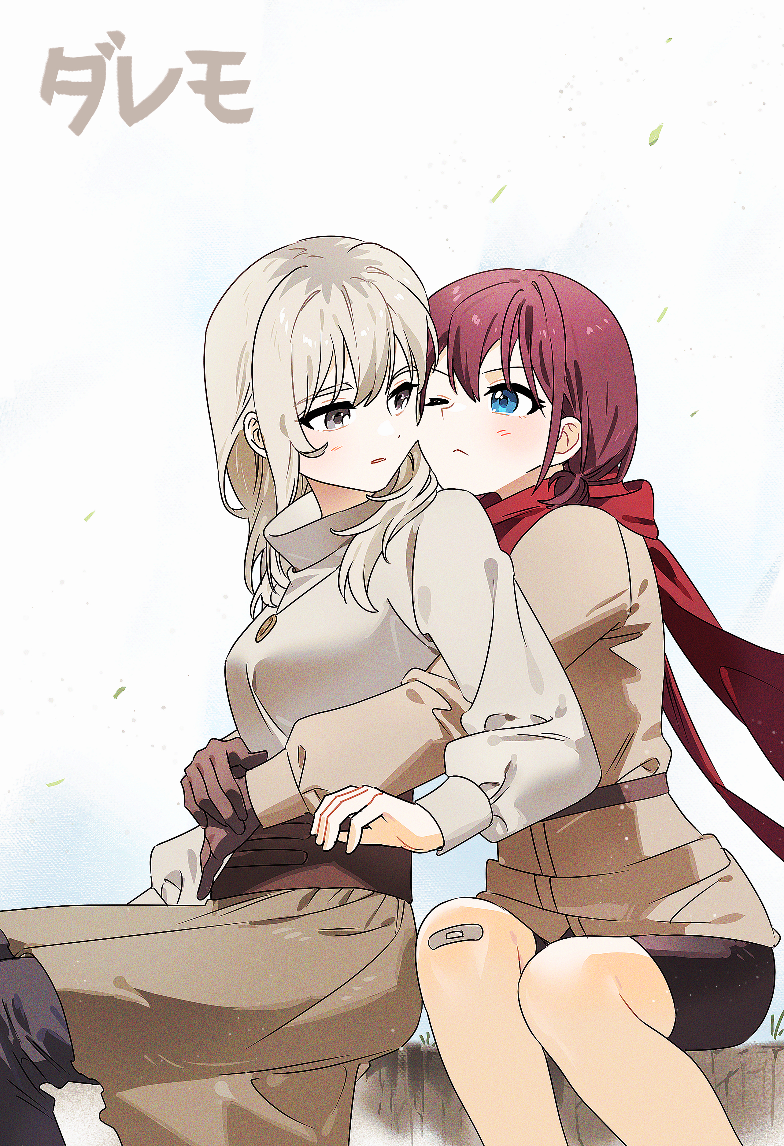 habsida (habsida hpy), iseri nina, kawaragi momoka, girls band cry, absurdres, commentary request, highres, 2girls, bandaid, bandaid on knee, bandaid on leg, black shorts, blue eyes, blush, brown gloves, brown jacket, brown skirt, cheek-to-cheek, closed mouth, falling leaves, gloves, gradient background, grey eyes, grey hair, heads together, hug, hug from behind, jacket, leaf, long hair, long sleeves, multicolored hair, multiple girls, one eye closed, parted lips, red hair, red scarf, roots (hair), scarf, short twintails, shorts, skirt, sweater, twintails, white background, white sweater, yuri