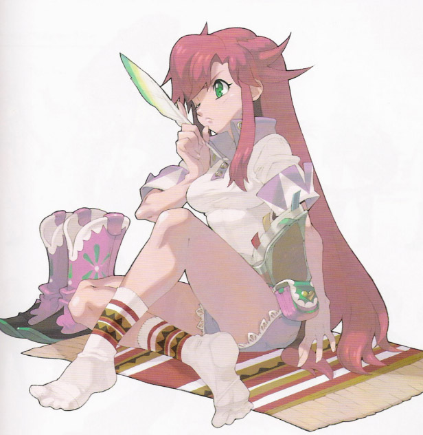 sasaki tomomi, rebecca streisand, wild arms, 1girl, blue shorts, boots, feathers, feet, female focus, full body, green eyes, leg lift, long hair, one eye closed, pink boots, red hair, rug, shorts, sitting, socks, solo, taut clothes, very long hair, white background, wink