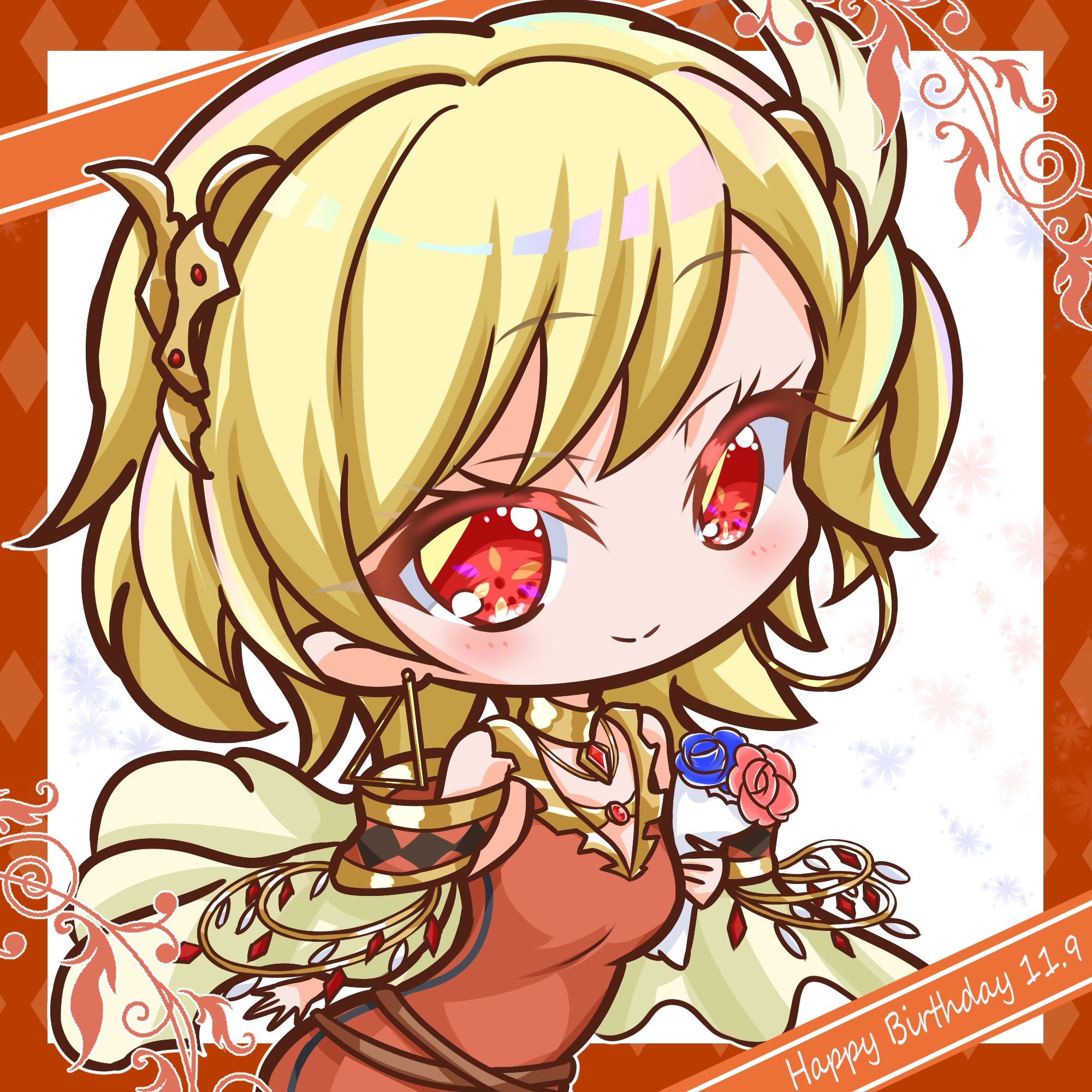 griffonmask11, citrinne (fire emblem), fire emblem, fire emblem engage, nintendo, highres, 1girl, blonde hair, bouquet, brown dress, chibi, dated, dress, earrings, flower, hair ornament, happy birthday, holding, holding bouquet, jewelry, looking at viewer, necklace, red eyes, smile