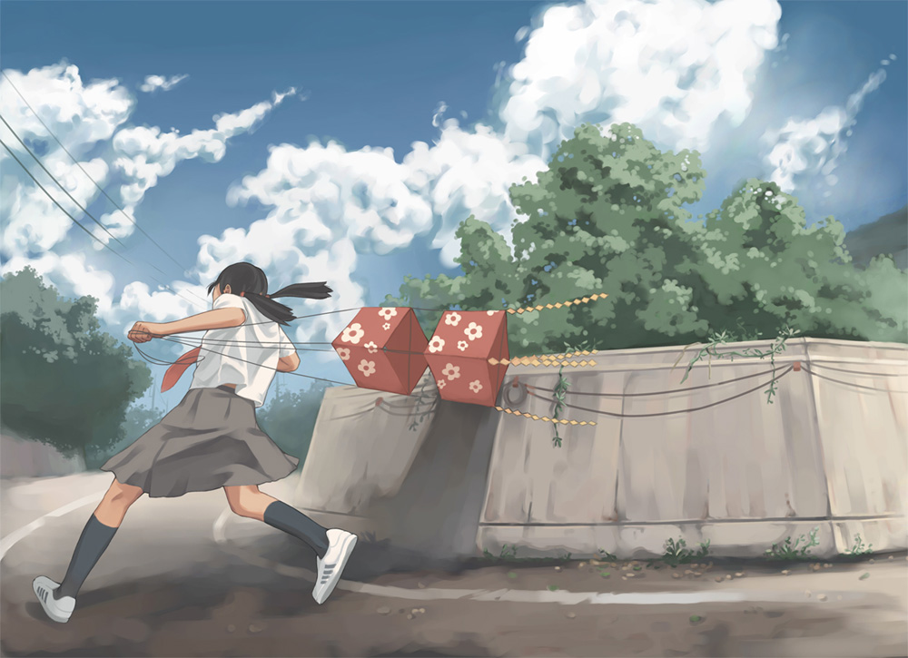 studio qube, original, 1girl, black hair, black socks, cloud, day, female focus, from behind, kite, kneehighs, long hair, outdoors, power lines, road, running, school uniform, serafuku, skirt, sky, socks, solo, tree, twintails