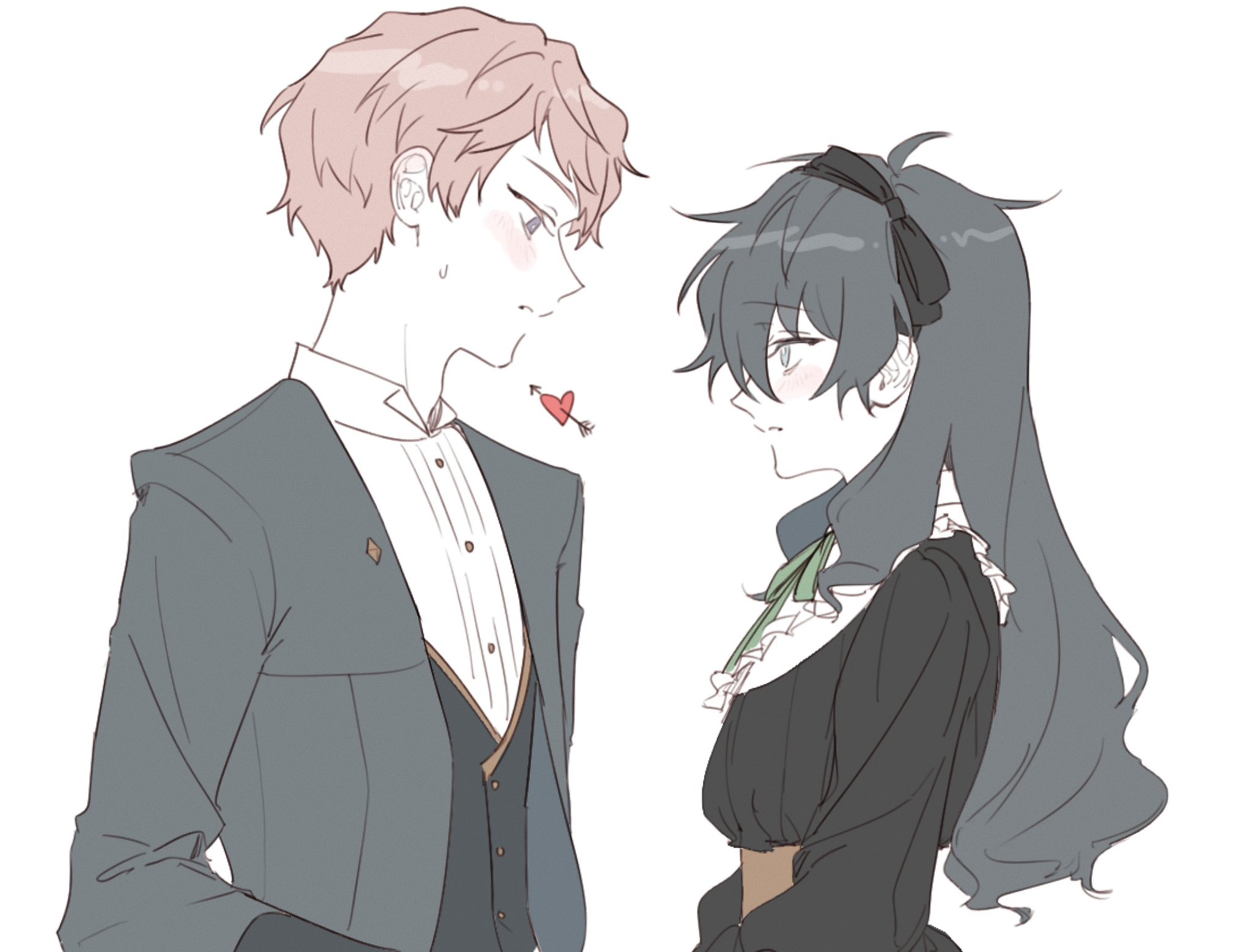 seogil, itsuki shu, kagehira mika, ensemble stars!, commentary, highres, 1boy, 1girl, arrow (projectile), arrow through heart, black hair, black ribbon, blue eyes, blush, eye contact, from side, genderswap, genderswap (mtf), green ribbon, heart, long hair, long sleeves, looking at another, neck ribbon, nervous sweating, pink hair, purple eyes, ribbon, short hair, simple background, sweat, upper body, valkyrie (ensemble stars!), white background