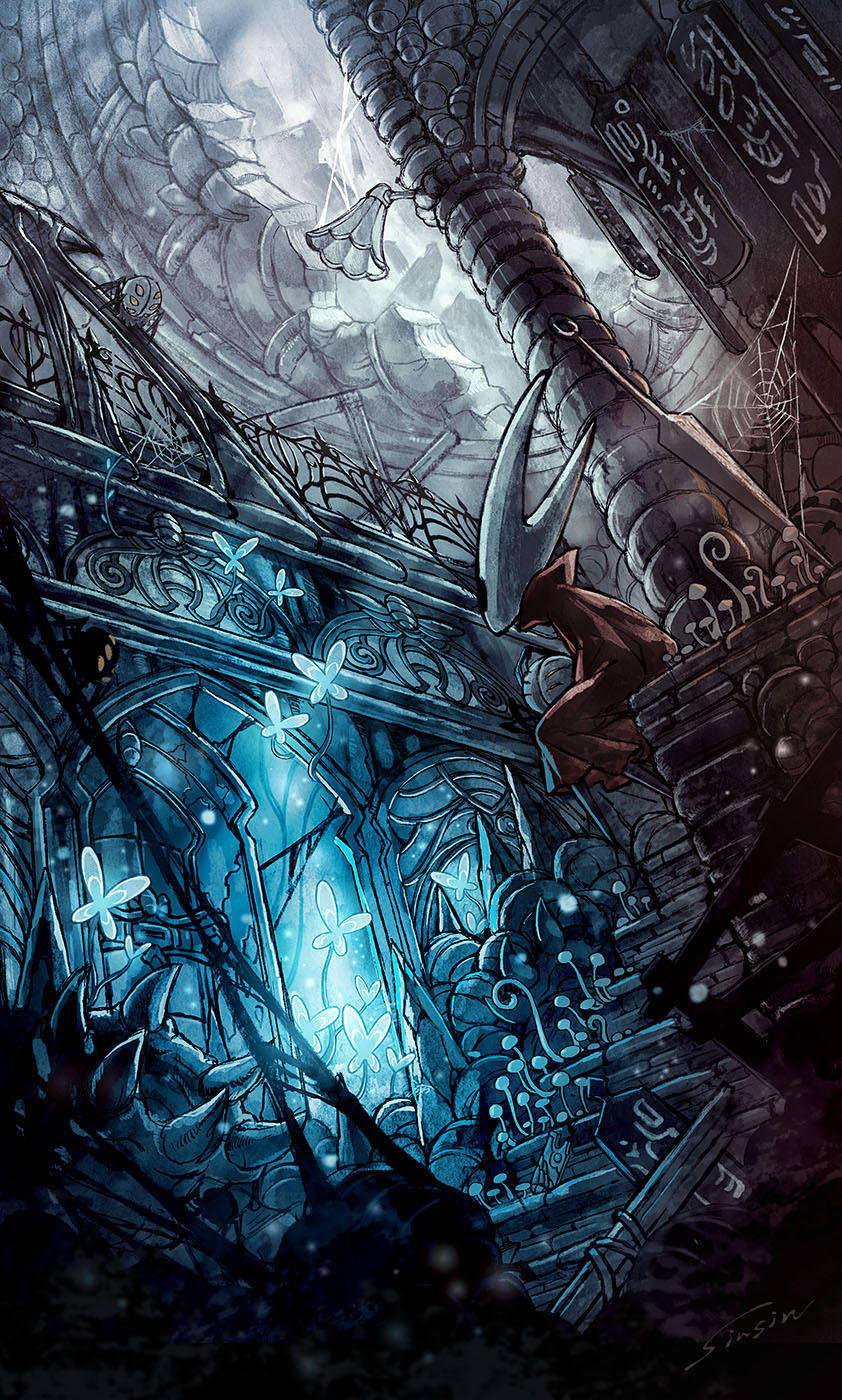 mamoru mikokoro, hornet (hollow knight), little weaver (hollow knight), hollow knight, commentary request, highres, 1girl, arthropod girl, bug, cloak, glowing, glowing eyes, horned mask, mask, needle (hollow knight), orange eyes, red cloak, ruins, sitting, spider, stairs, white mask