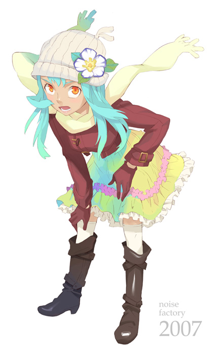 nakatomi ryo, nakatomi ryou, original, aqua hair, beanie, boots, flower, frills, gloves, hat, orange eyes, scarf, skirt, solo, thighhighs