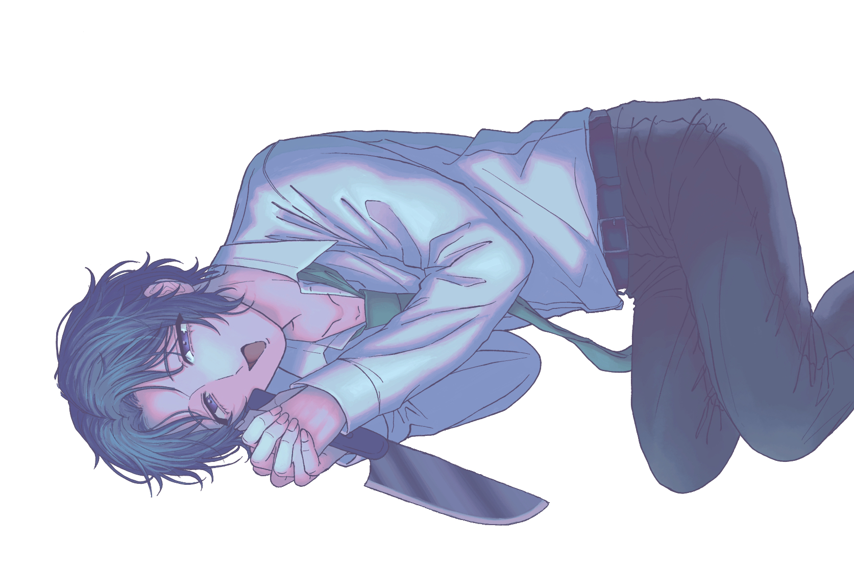 yukimura seiichi, tennis no ouji-sama, highres, redrawn, 1boy, :d, belt, black pants, blue hair, collarbone, collared shirt, curtained hair, dress shirt, feet out of frame, fingernails, green necktie, holding, holding knife, interlocked fingers, knife, long sleeves, loose necktie, lying, male focus, necktie, negative space, on side, open mouth, own hands clasped, own hands together, pants, parted hair, partially unbuttoned, raised eyebrows, ryo 1293, school uniform, shirt, shirt tucked in, simple background, smile, solo, tareme, white background, white shirt