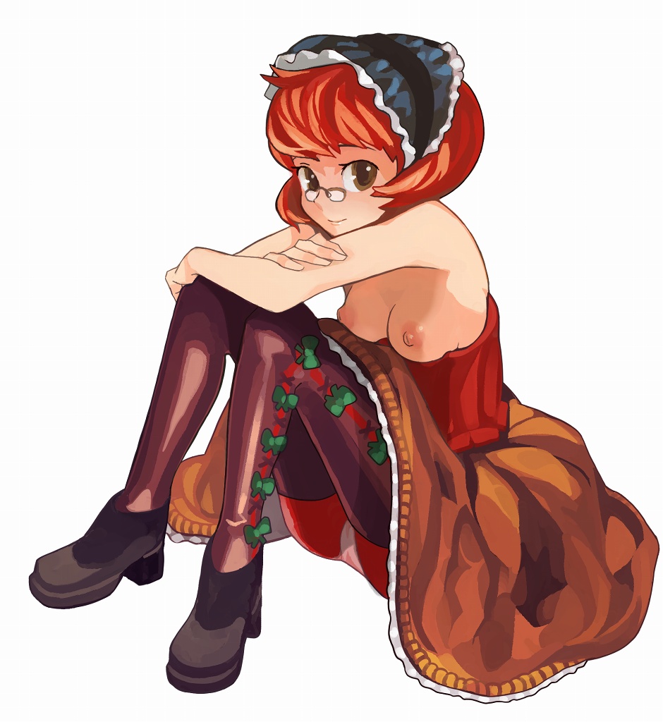 forgotten artist, margarita surprise, grimgrimoire, 1girl, bonnet, breasts, female focus, glasses, hat, inverted nipples, medium breasts, nipples, pince-nez, red hair, solo, thighhighs