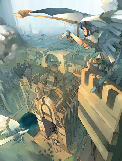 akitsu taira, original, 2girls, black hair, city, cityscape, day, fantasy, flag, multiple girls, scabbard, scenery, sheath, sky, wings
