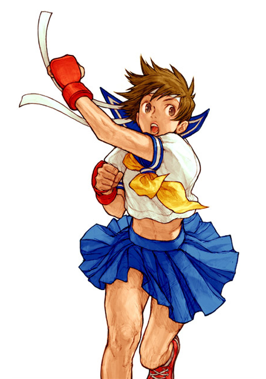 nishimura kinu, kasugano sakura, capcom, capcom vs. snk, capcom vs. snk 2, street fighter, official art, 1girl, blue sailor collar, female focus, gloves, headband, open mouth, punching, sailor collar, school uniform, serafuku, skirt, solo, uppercut, wide-eyed