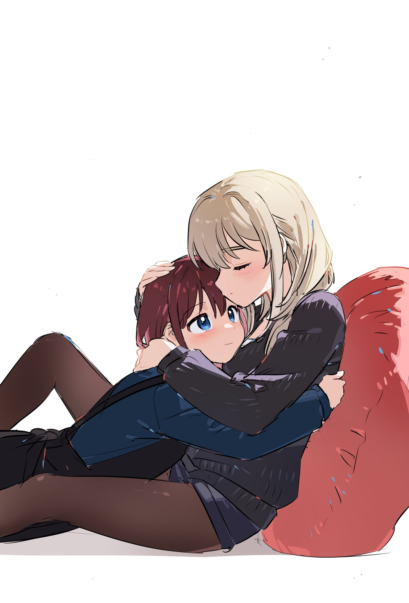 habsida (habsida hpy), iseri nina, kawaragi momoka, girls band cry, commentary request, highres, 2girls, black pantyhose, black skirt, black sweater, blue eyes, blue shirt, blush, closed eyes, closed mouth, cuddling, grey hair, hand on another's head, head on chest, hug, long hair, long sleeves, multiple girls, pantyhose, red hair, shirt, simple background, skirt, suspender skirt, suspenders, sweater, white background, yuri