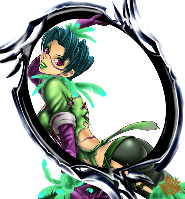 xuexue yue hua, tira (soulcalibur), soul calibur, soulcalibur, soulcalibur iii, blade, 1girl, aqua hair, arm up, ass, back, belt, bodypaint, chakram, cowboy shot, cross-laced clothes, eiserne drossel (weapon), elbow gloves, eyeshadow, facepaint, facial mark, feathers, female focus, from side, gloves, green hair, green lips, grin, head tilt, holding, holding weapon, huge weapon, jewelry, leaning forward, legs apart, lipstick, looking at viewer, looking back, makeup, mole, mole under eye, pants, pink eyes, purple eyes, purple gloves, ring, ring blade, short hair, simple background, smile, solo, torn clothes, weapon, white background