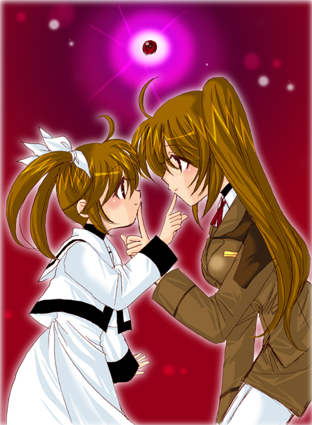 raising heart, raising heart (standby mode), takamachi nanoha, lyrical nanoha, mahou shoujo lyrical nanoha, mahou shoujo lyrical nanoha strikers, 00s, 1girl, brown hair, dual persona, female focus, military, military uniform, pantyhose, ponytail, school uniform, serafuku, side ponytail, solo, time paradox, twintails