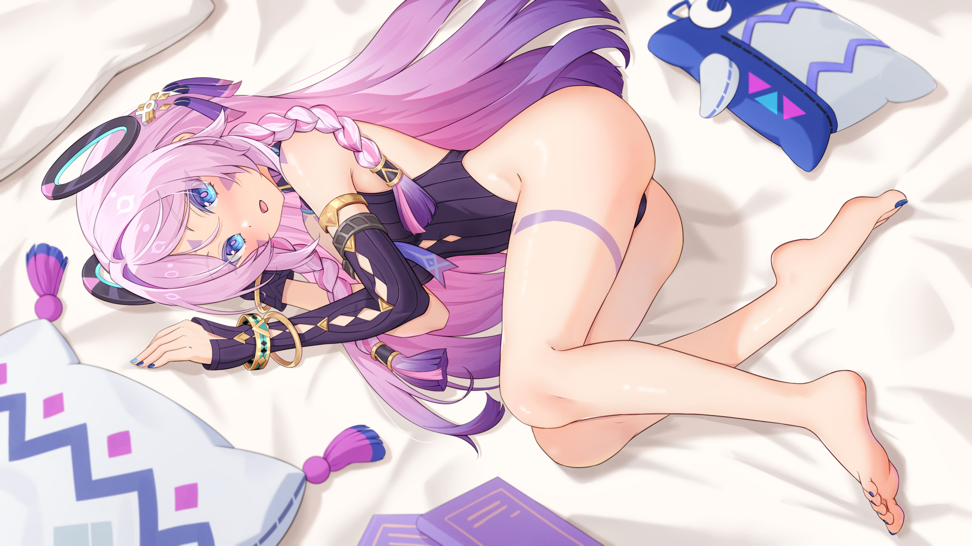 jinyc yilan, citlali (genshin impact), citlalin (genshin impact), itzpapa (genshin impact), genshin impact, highres, 1girl, armpits, ass, barefoot, bed sheet, blue eyes, blush, book, braid, breasts, facial mark, forehead mark, hair intakes, hair ornament, leotard, long hair, looking at viewer, lying, on bed, on side, open mouth, pillow, pink hair, pink pupils